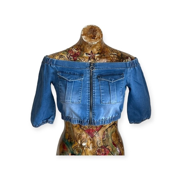 American Bazi crop top cold shoulder denim zip front small blue - Picture 2 of 8